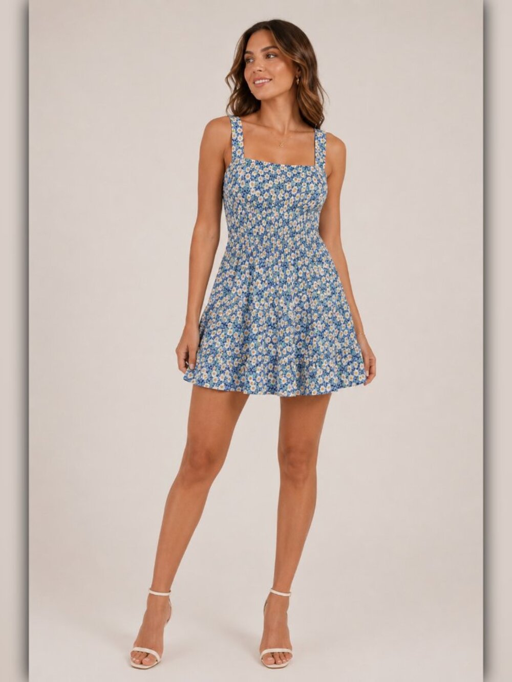 A144 • Blue Floral Smocked Square-Neck Mini Dress